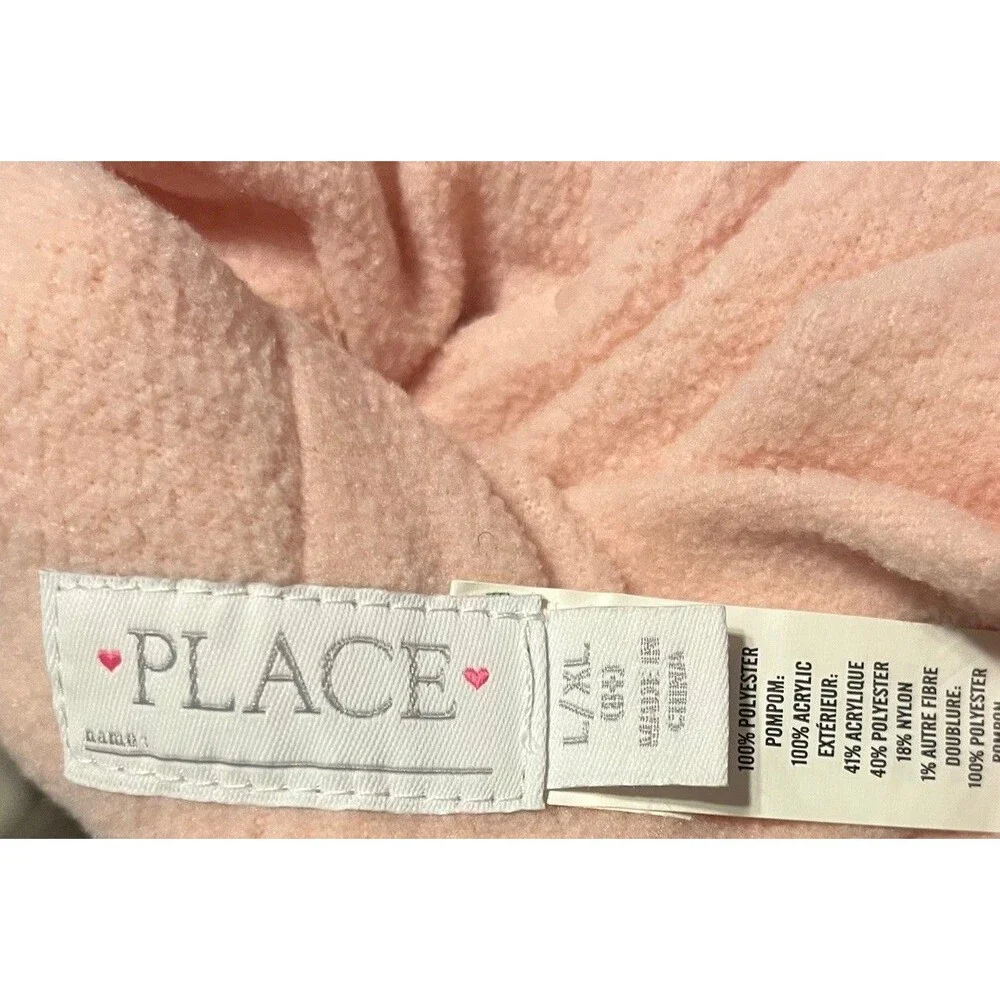 The Children's Place Girls Pink Fuzzy Patches Pom Pom Beanie Hat L/XL